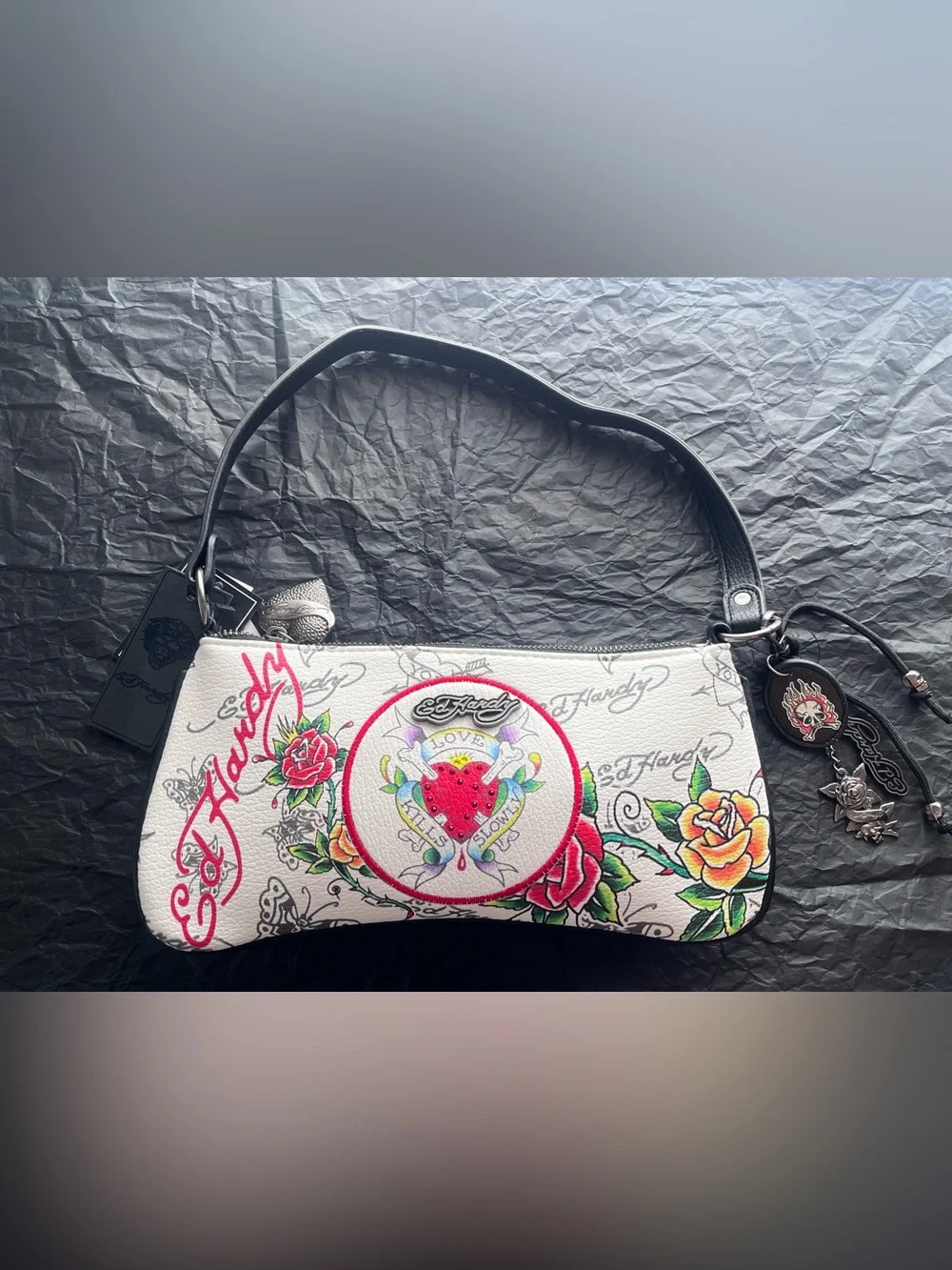 Ed Hardy White Floral Love Kills Tattoo-Print Shoulder Bag w/ Black Handle NWT